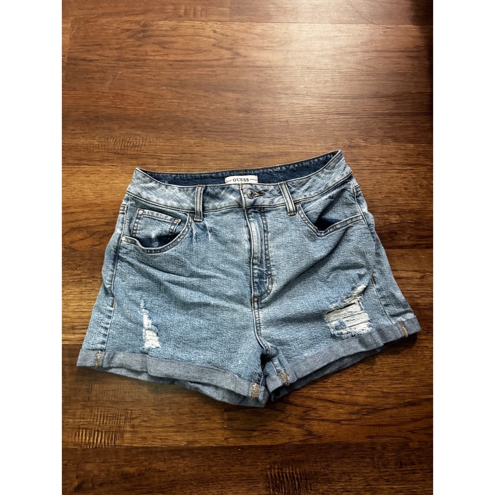 Guess Womens Light Wash Distressed Denim Shorts High Rise Rolled Hem Size 29